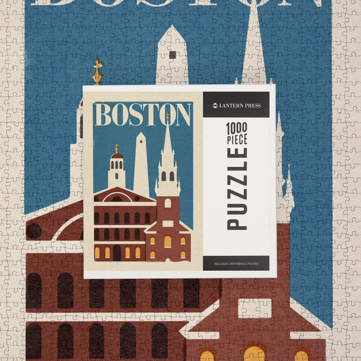 Boston, Massachusetts, Landmarks, Woodblock, Jigsaw Puzzle Puzzle Lantern Press 