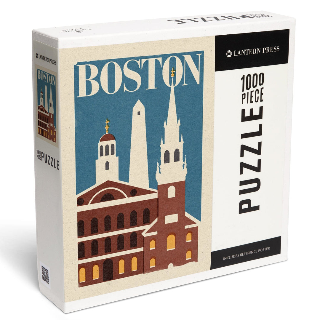 Boston, Massachusetts, Landmarks, Woodblock, Jigsaw Puzzle Puzzle Lantern Press 