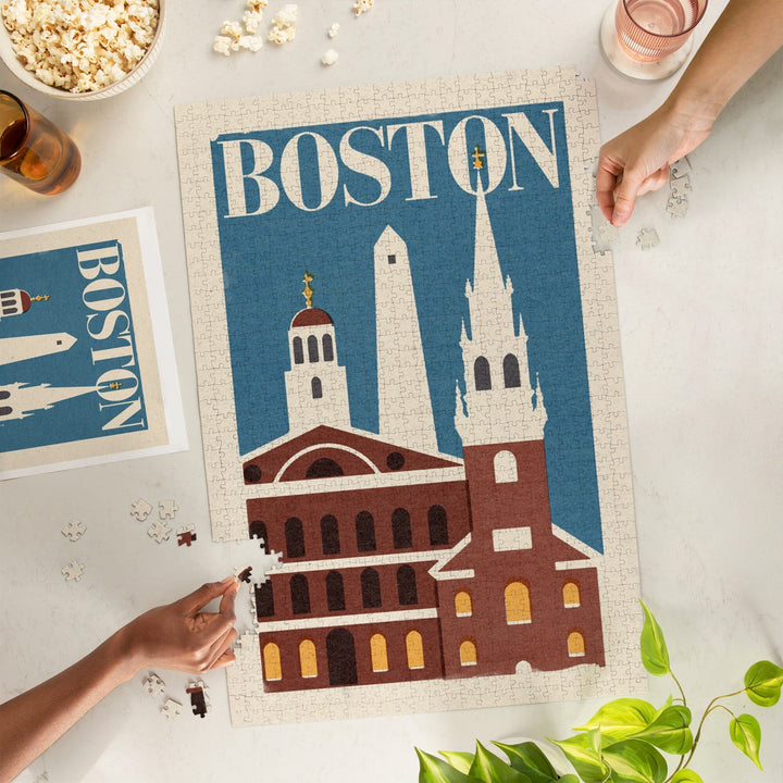 Boston, Massachusetts, Landmarks, Woodblock, Jigsaw Puzzle Puzzle Lantern Press 