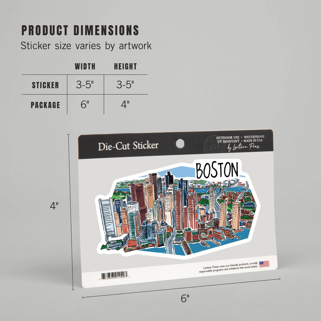 Boston, Massachusetts, Line Drawing, Contour, Vinyl Sticker Sticker Lantern Press 