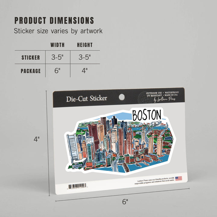 Boston, Massachusetts, Line Drawing, Contour, Vinyl Sticker Sticker Lantern Press 