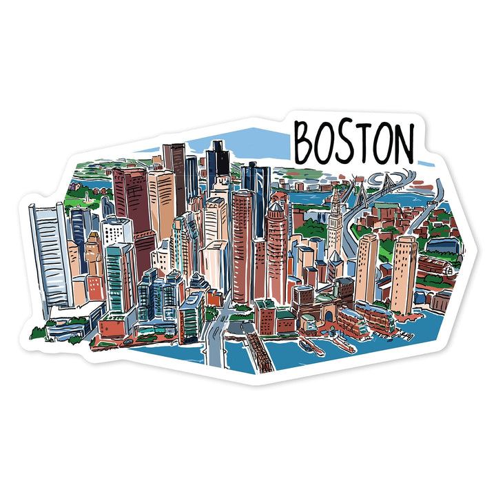 Boston, Massachusetts, Line Drawing, Contour, Vinyl Sticker Sticker Lantern Press 