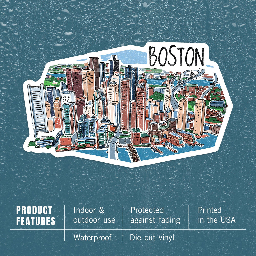 Boston, Massachusetts, Line Drawing, Contour, Vinyl Sticker Sticker Lantern Press 