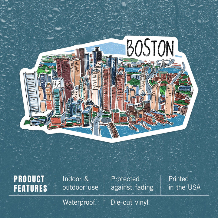 Boston, Massachusetts, Line Drawing, Contour, Vinyl Sticker Sticker Lantern Press 