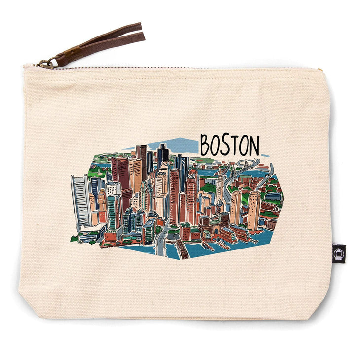 Boston, Massachusetts, Line Drawing,, Organic Cotton Zipper Pouch, Go Bag Go Bag Lantern Press 
