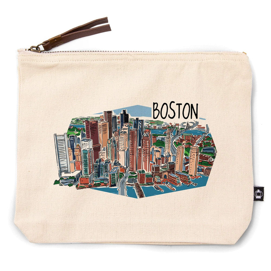 Boston, Massachusetts, Line Drawing,, Organic Cotton Zipper Pouch, Go Bag Go Bag Lantern Press 