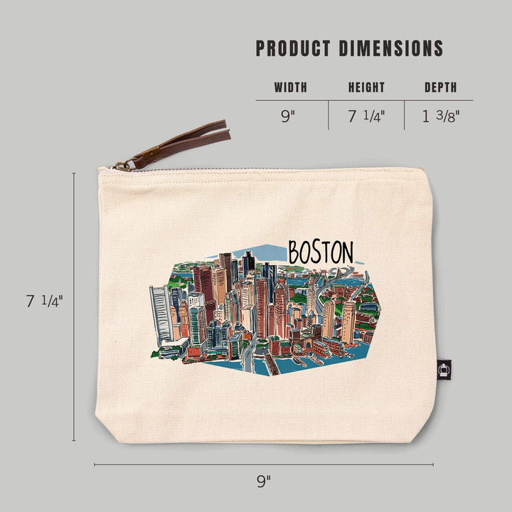 Boston, Massachusetts, Line Drawing,, Organic Cotton Zipper Pouch, Go Bag Go Bag Lantern Press 