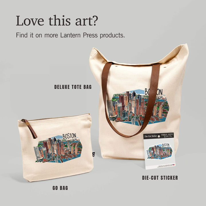 Boston, Massachusetts, Line Drawing,, Organic Cotton Zipper Pouch, Go Bag Go Bag Lantern Press 