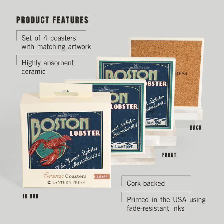 Boston, Massachusetts, Lobster Vintage Sign, Coasters Coasters Lantern Press 
