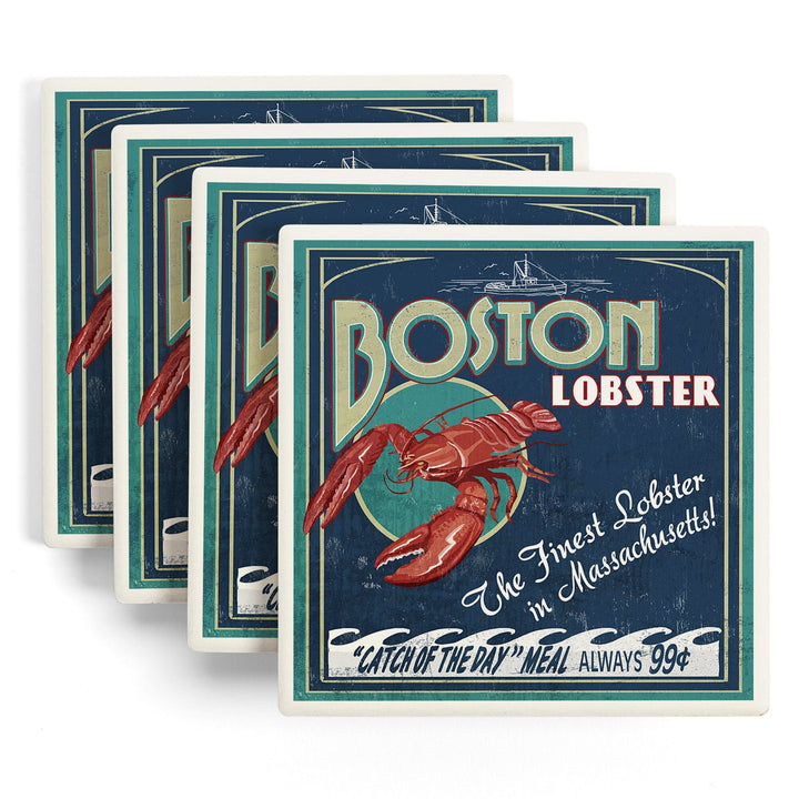 Boston, Massachusetts, Lobster Vintage Sign, Coasters Coasters Lantern Press 