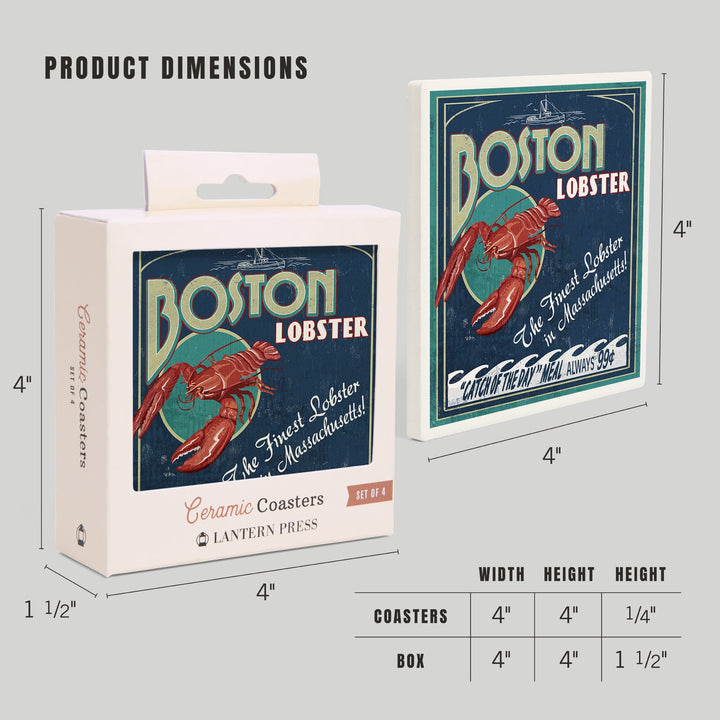Boston, Massachusetts, Lobster Vintage Sign, Coasters Coasters Lantern Press 