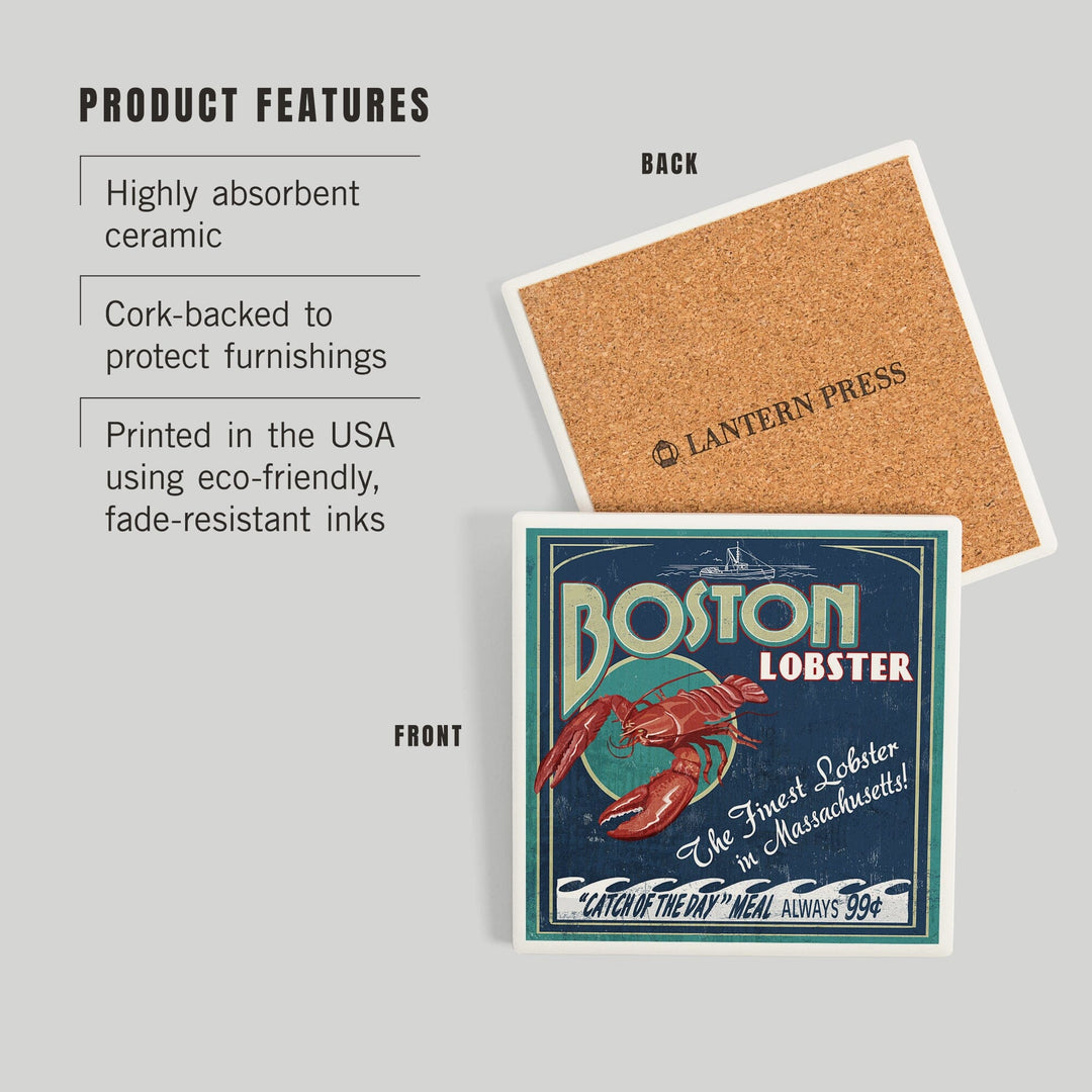 Boston, Massachusetts, Lobster Vintage Sign, Coasters Coasters Lantern Press 