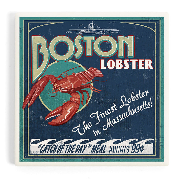 Boston, Massachusetts, Lobster Vintage Sign, Coasters Coasters Lantern Press Coaster 