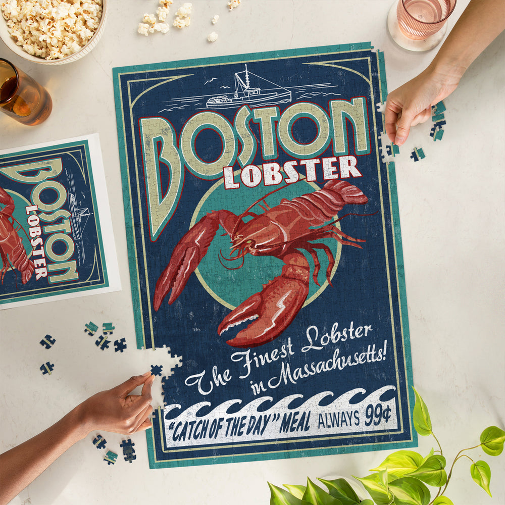 Boston, Massachusetts, Lobster Vintage Sign, Jigsaw Puzzle Puzzle Lantern Press 
