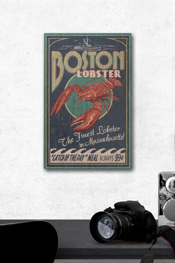Boston, Massachusetts, Lobster Vintage Sign, Lantern Press Artwork, Wood Signs and Postcards Wood Lantern Press 12 x 18 Wood Gallery Print 