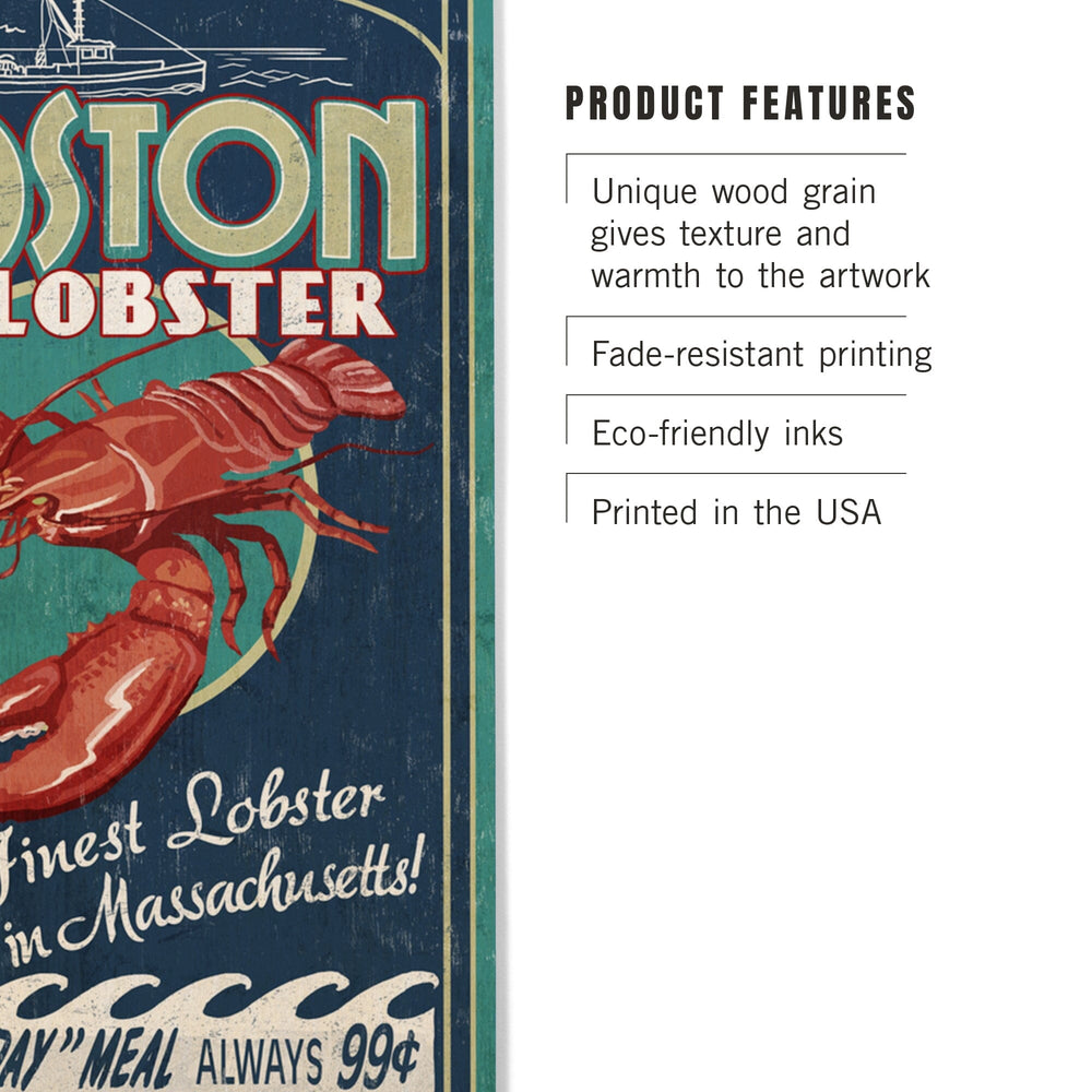 Boston, Massachusetts, Lobster Vintage Sign, Lantern Press Artwork, Wood Signs and Postcards Wood Lantern Press 