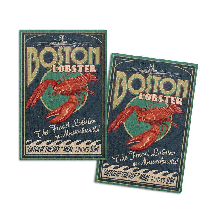 Boston, Massachusetts, Lobster Vintage Sign, Lantern Press Artwork, Wood Signs and Postcards Wood Lantern Press 4x6 Wood Postcard Set 