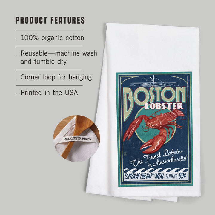 Boston, Massachusetts, Lobster Vintage Sign, Organic Cotton Kitchen Tea Towels Kitchen Lantern Press 