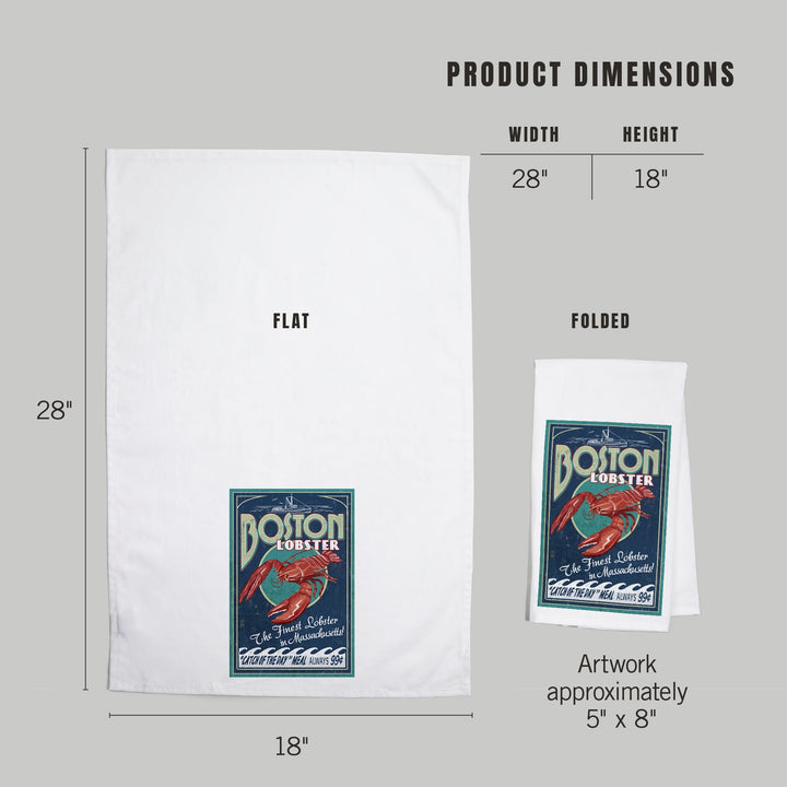 Boston, Massachusetts, Lobster Vintage Sign, Organic Cotton Kitchen Tea Towels Kitchen Lantern Press 