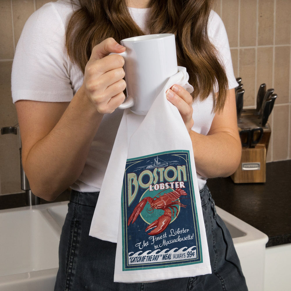 Boston, Massachusetts, Lobster Vintage Sign, Organic Cotton Kitchen Tea Towels Kitchen Lantern Press 