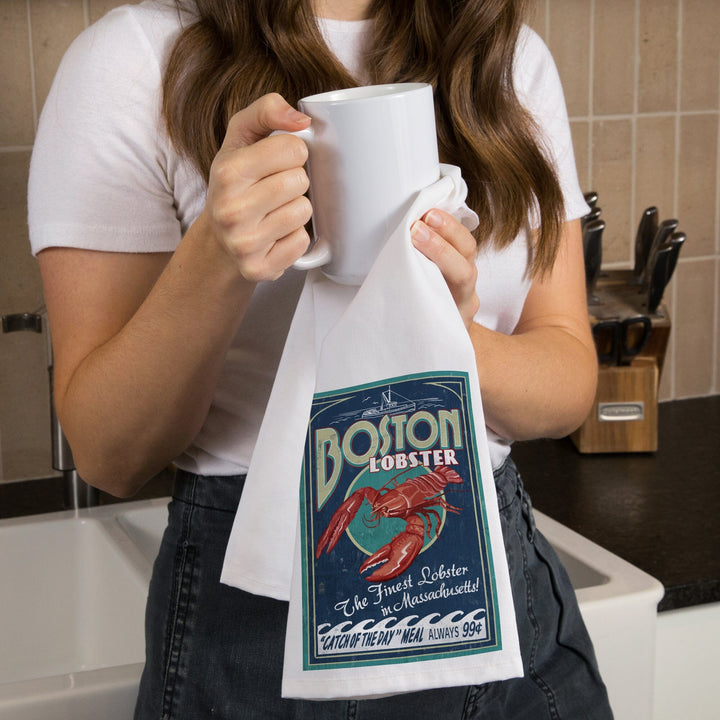 Boston, Massachusetts, Lobster Vintage Sign, Organic Cotton Kitchen Tea Towels Kitchen Lantern Press 