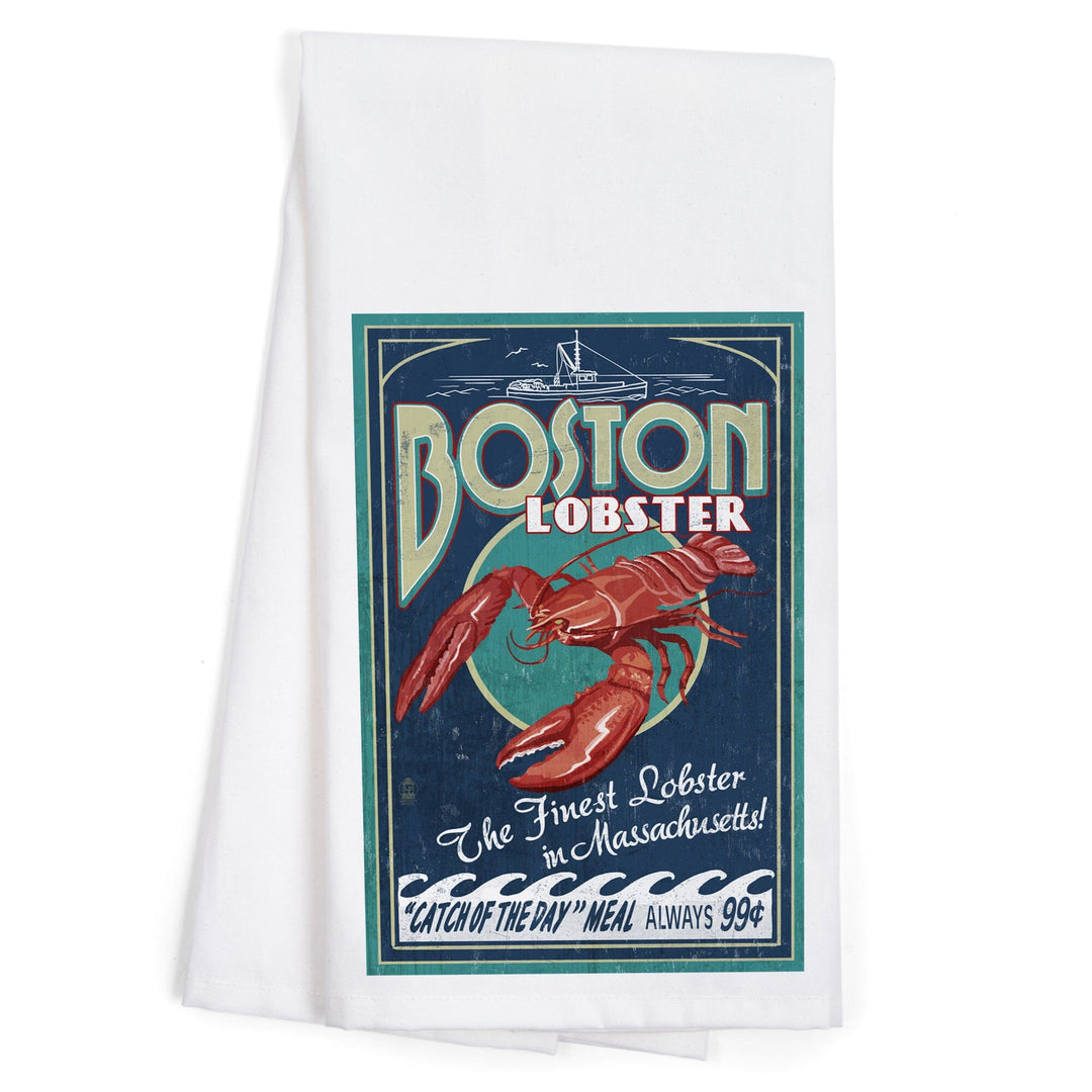Boston, Massachusetts, Lobster Vintage Sign, Organic Cotton Kitchen Tea Towels Kitchen Lantern Press 