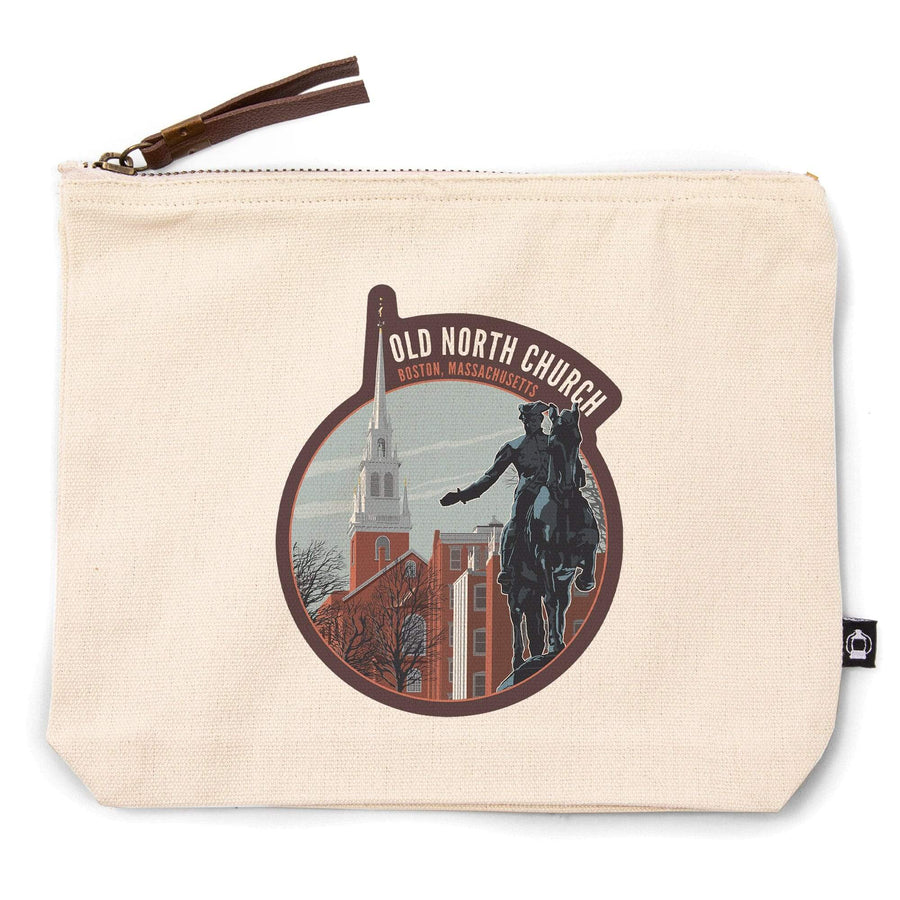 Boston, Massachusetts, Old North Church and Revere Sculpture,, Organic Cotton Zipper Pouch, Go Bag Go Bag Lantern Press 