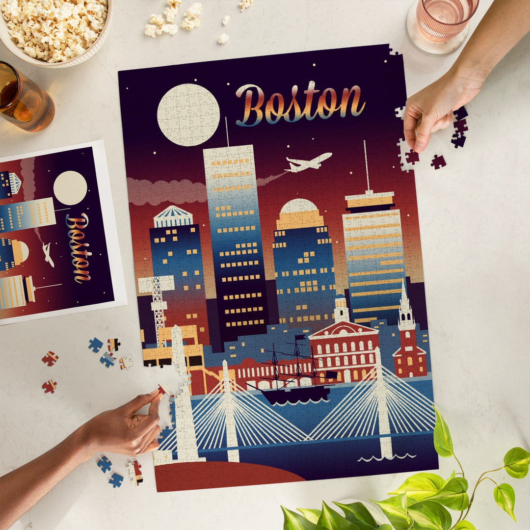 Boston, Massachusetts, Retro Skyline Chromatic Series, Jigsaw Puzzle Puzzle Lantern Press 
