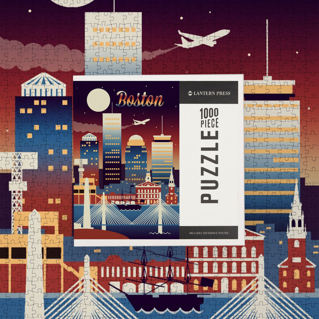 Boston, Massachusetts, Retro Skyline Chromatic Series, Jigsaw Puzzle Puzzle Lantern Press 