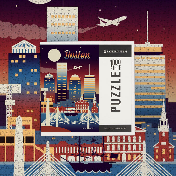 Boston, Massachusetts, Retro Skyline Chromatic Series, Jigsaw Puzzle Puzzle Lantern Press 