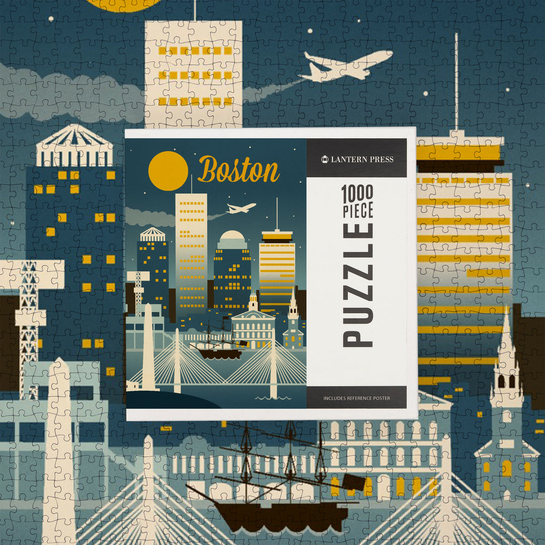 Boston, Massachusetts, Retro Skyline Classic, Jigsaw Puzzle Puzzle Lantern Press 