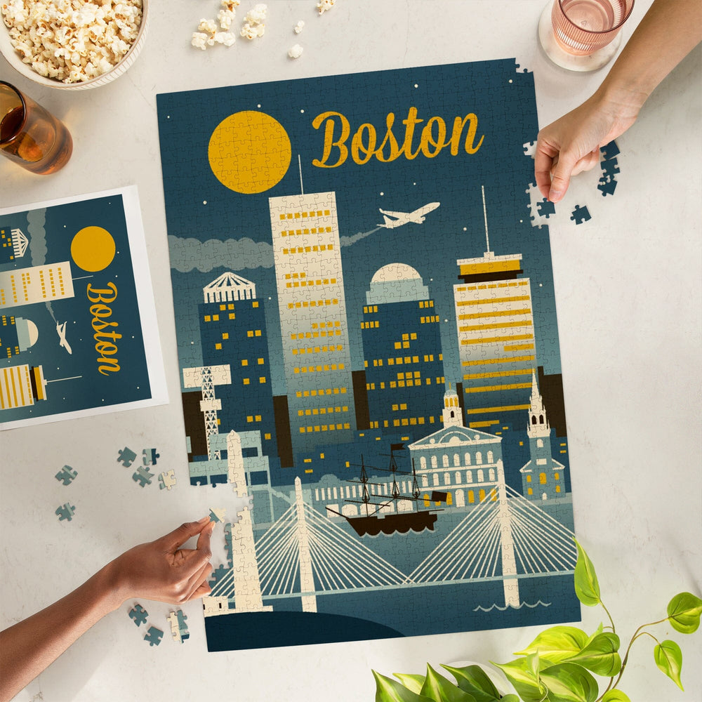 Boston, Massachusetts, Retro Skyline Classic, Jigsaw Puzzle Puzzle Lantern Press 