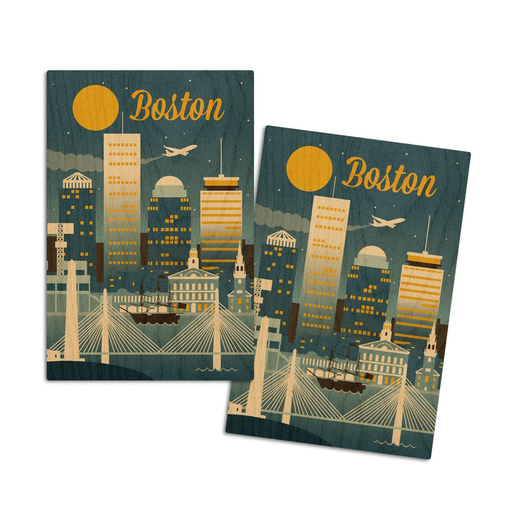 Boston, Massachusetts, Retro Skyline Classic, Lantern Press Artwork, Wood Signs and Postcards Wood Lantern Press 4x6 Wood Postcard Set 