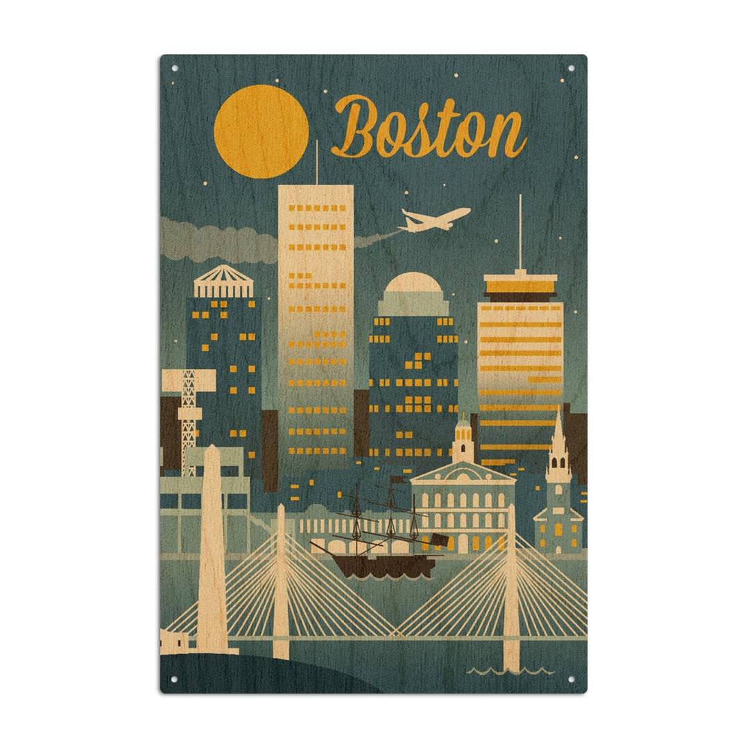 Boston, Massachusetts, Retro Skyline Classic, Lantern Press Artwork, Wood Signs and Postcards Wood Lantern Press 6x9 Wood Sign 