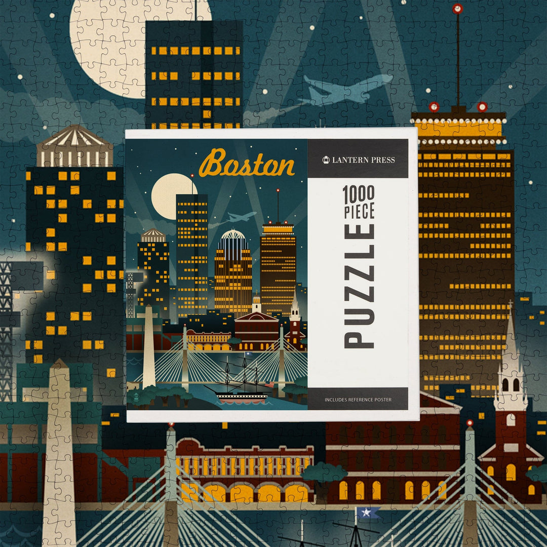 Boston, Massachusetts, Retro Skyline, Jigsaw Puzzle Puzzle Lantern Press 