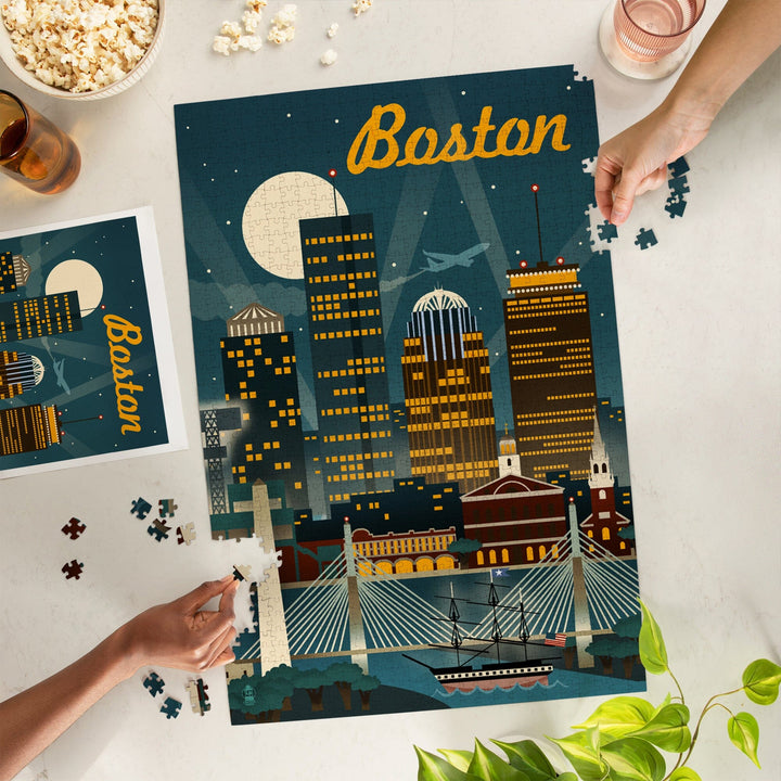 Boston, Massachusetts, Retro Skyline, Jigsaw Puzzle Puzzle Lantern Press 