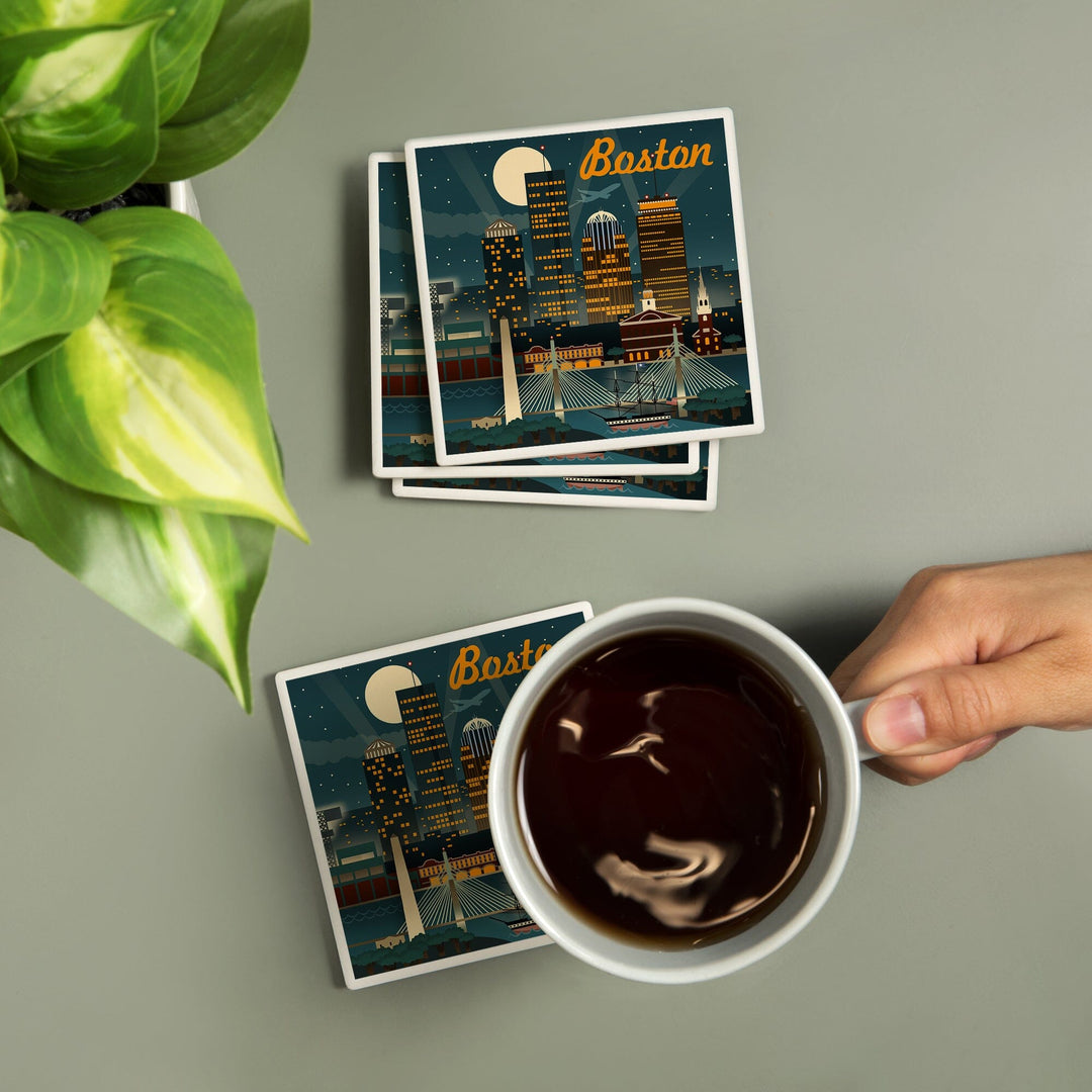 Boston, Massachusetts, Retro Skyline, Lantern Press Artwork, Coaster Set - Lantern Press