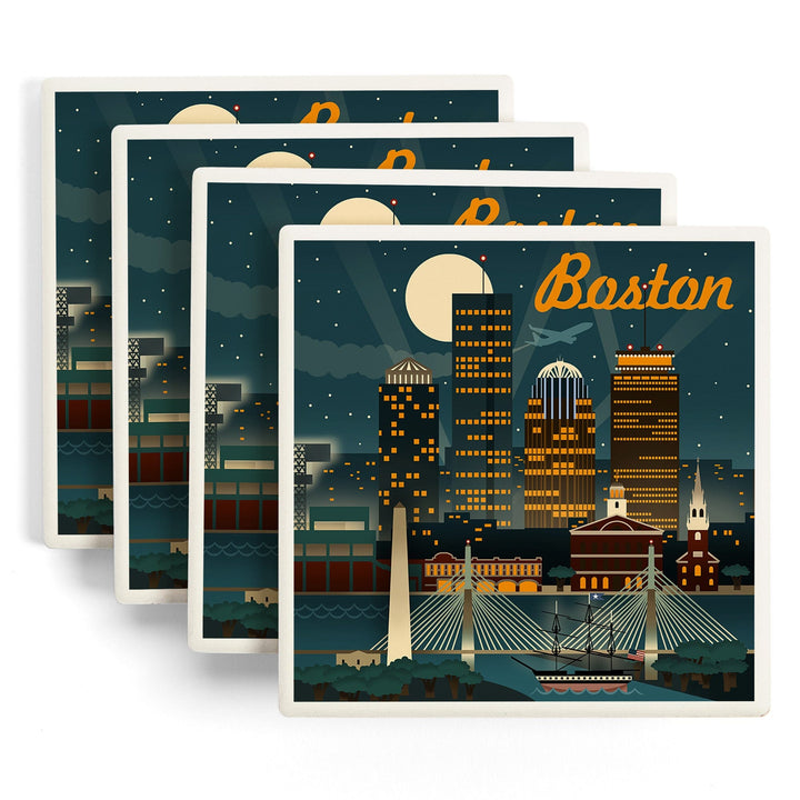 Boston, Massachusetts, Retro Skyline, Lantern Press Artwork, Coaster Set - Lantern Press