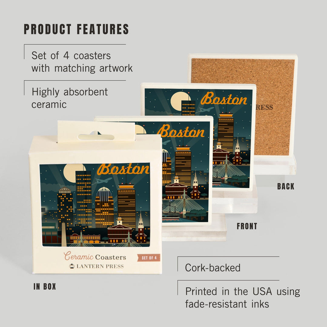 Boston, Massachusetts, Retro Skyline, Lantern Press Artwork, Coaster Set - Lantern Press