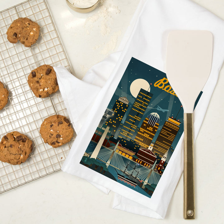Boston, Massachusetts, Retro Skyline, Organic Cotton Kitchen Tea Towels Kitchen Lantern Press 