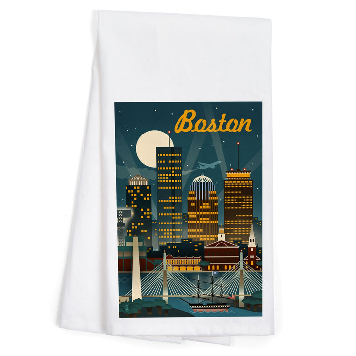 Boston, Massachusetts, Retro Skyline, Organic Cotton Kitchen Tea Towels - Lantern Press