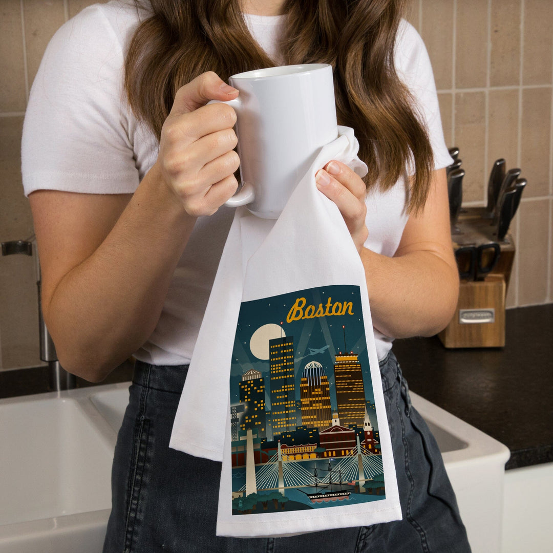 Boston, Massachusetts, Retro Skyline, Organic Cotton Kitchen Tea Towels Kitchen Lantern Press 