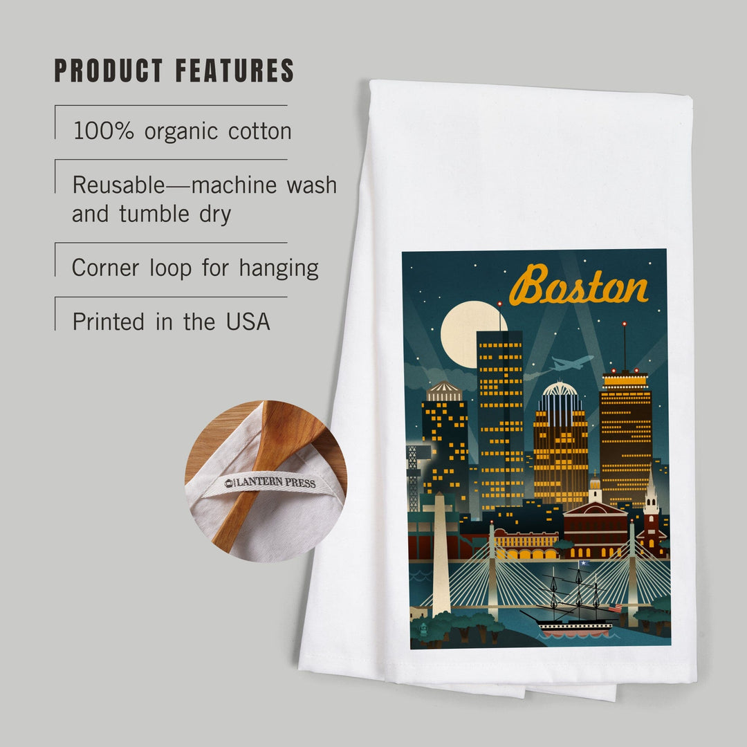 Boston, Massachusetts, Retro Skyline, Organic Cotton Kitchen Tea Towels - Lantern Press