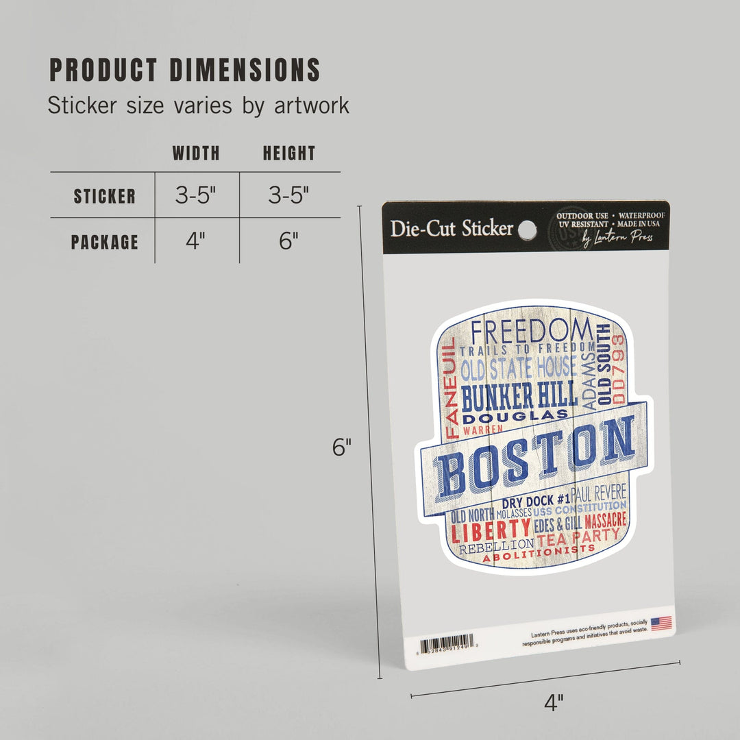 Boston, Massachusetts, Rustic Typography, Contour, Vinyl Sticker - Lantern Press