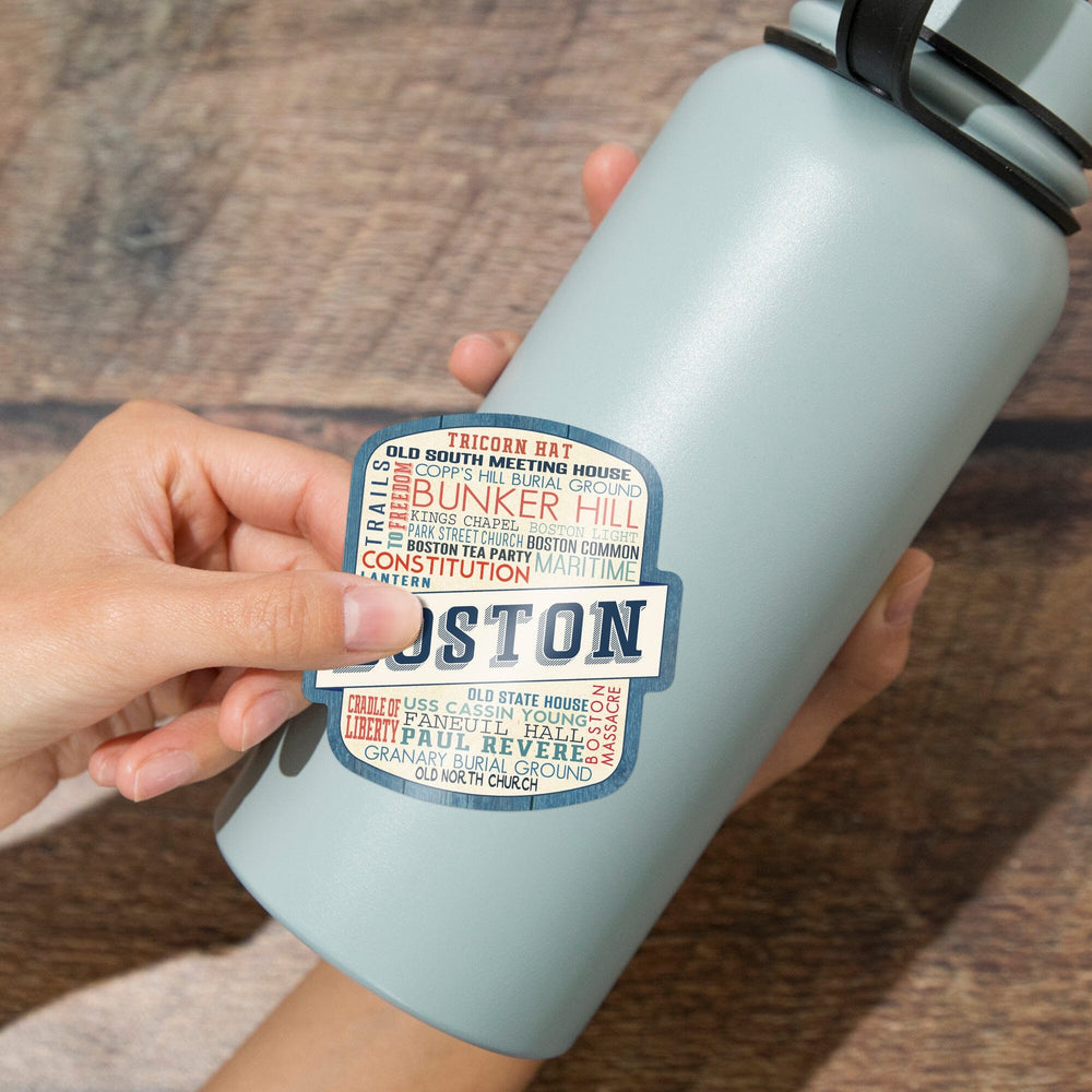 Boston, Massachusetts, Rustic Typography, Contour, Vinyl Sticker Sticker Lantern Press 