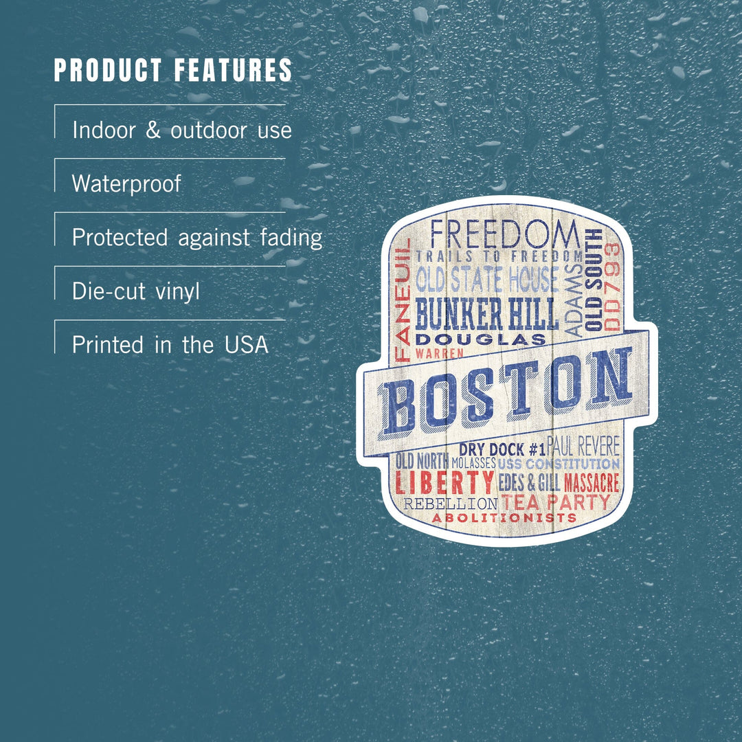 Boston, Massachusetts, Rustic Typography, Contour, Vinyl Sticker - Lantern Press