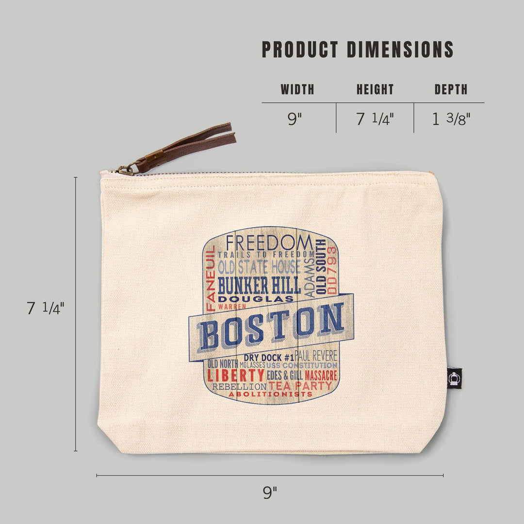Boston, Massachusetts, Rustic Typography,, Organic Cotton Zipper Pouch, Go Bag Go Bag Lantern Press 