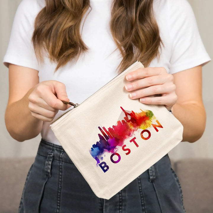 Boston, Massachusetts, Skyline Abstract (Cream),, Organic Cotton Zipper Pouch, Go Bag Go Bag Lantern Press 