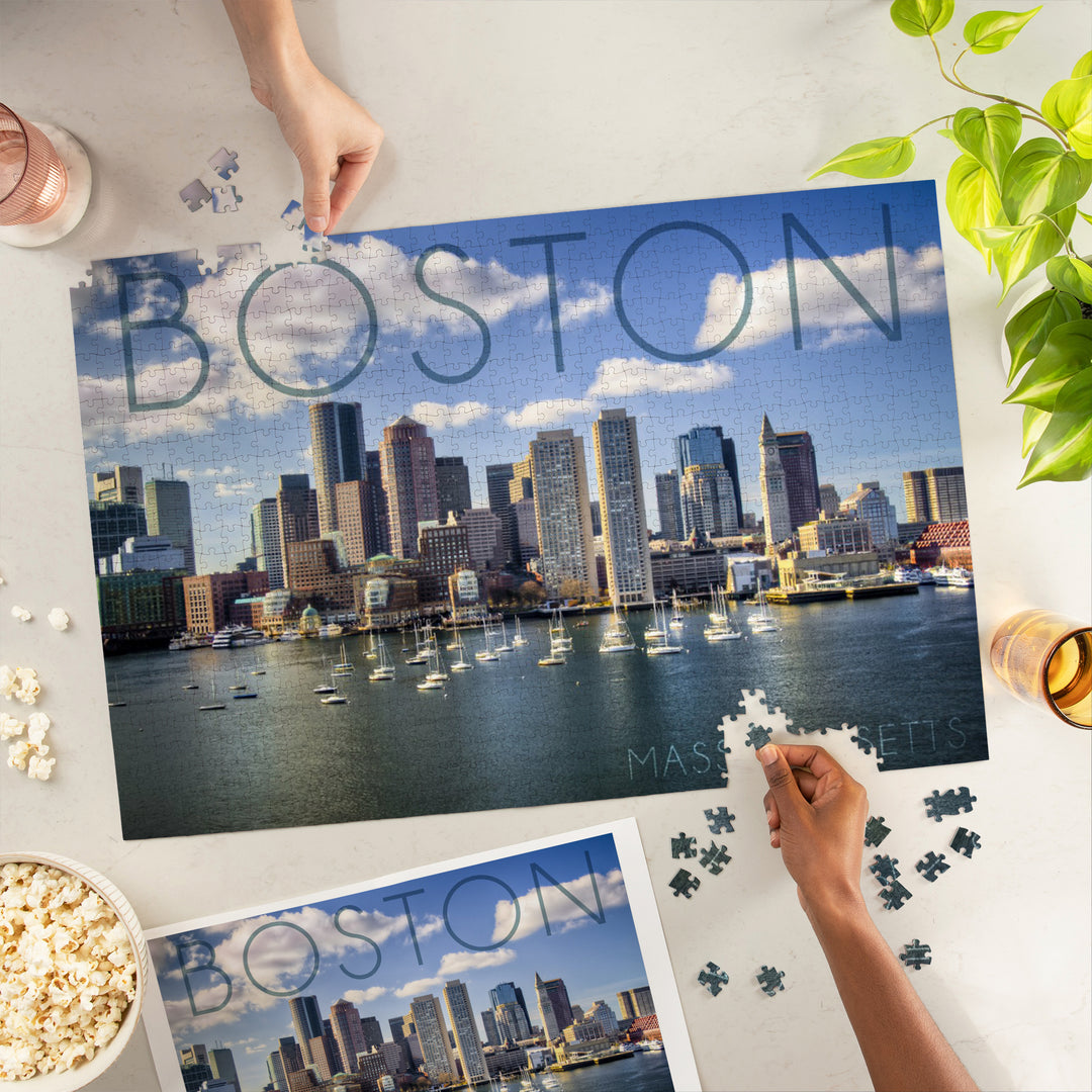 Boston, Massachusetts, Skyline and Sailboats, Jigsaw Puzzle Puzzle Lantern Press 