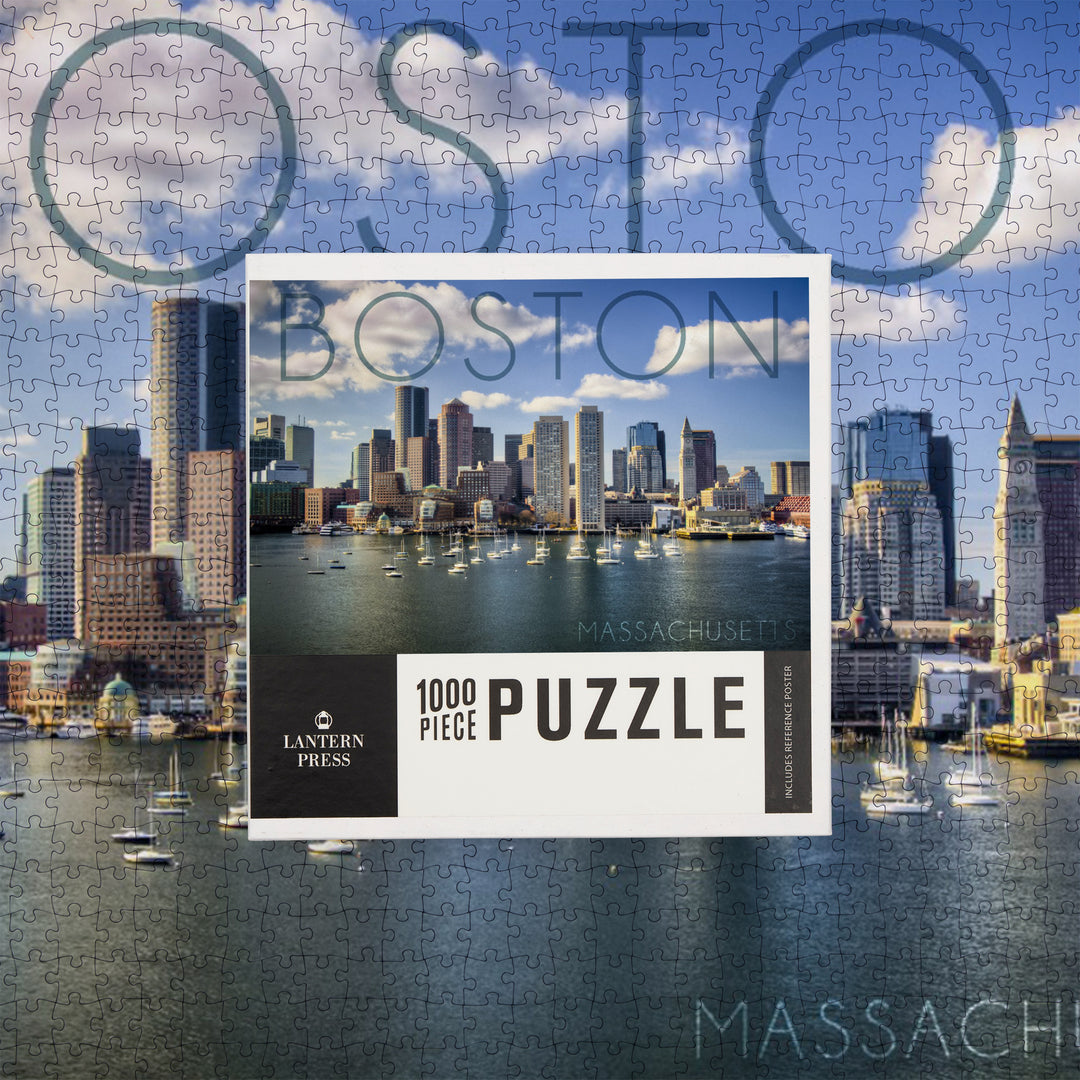 Boston, Massachusetts, Skyline and Sailboats, Jigsaw Puzzle Puzzle Lantern Press 